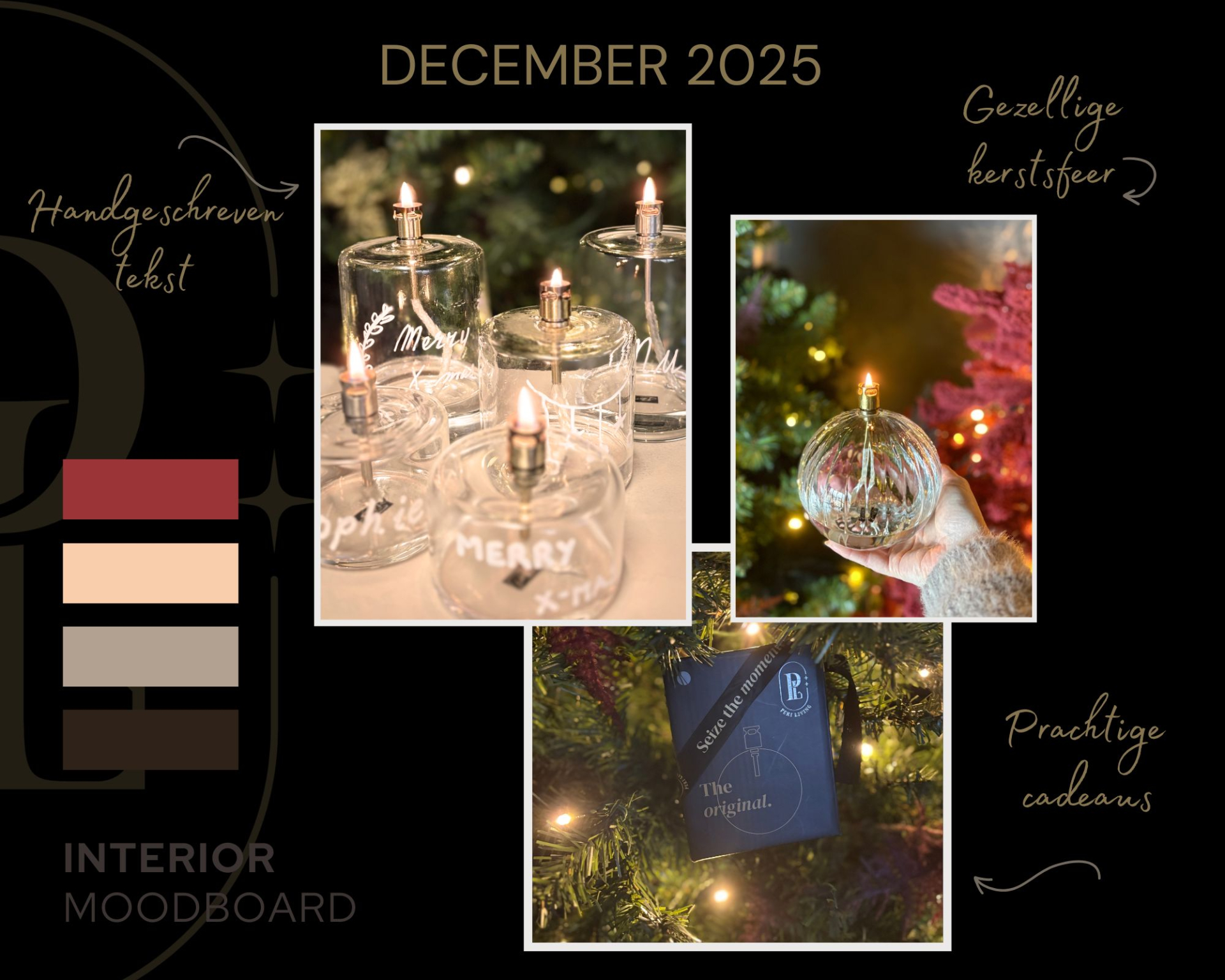 December 2025 moodboard met warme setting, sfeervolle verlichting en winterse accenten