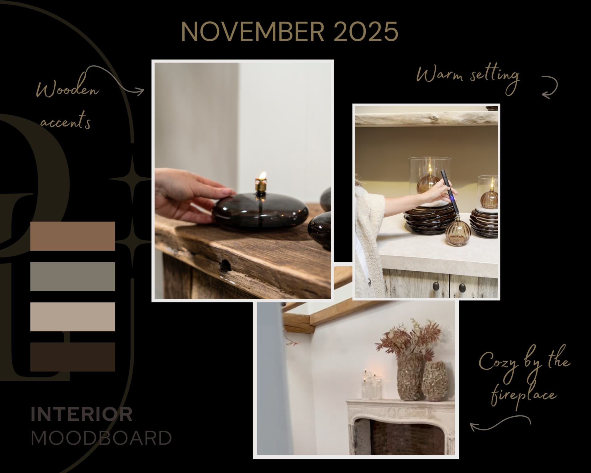 November 2025 moodboard with a warm setting: oil lamps on wooden furniture, vases with dried flowers and cozy interior accents by the fireplace.