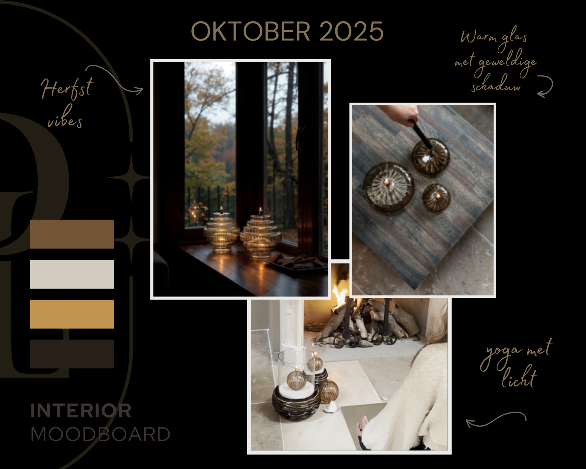 Moodboard oktober 2025 met olielampen in warm glas, sfeervolle schaduwen en interieurdecoratie voor herfst.