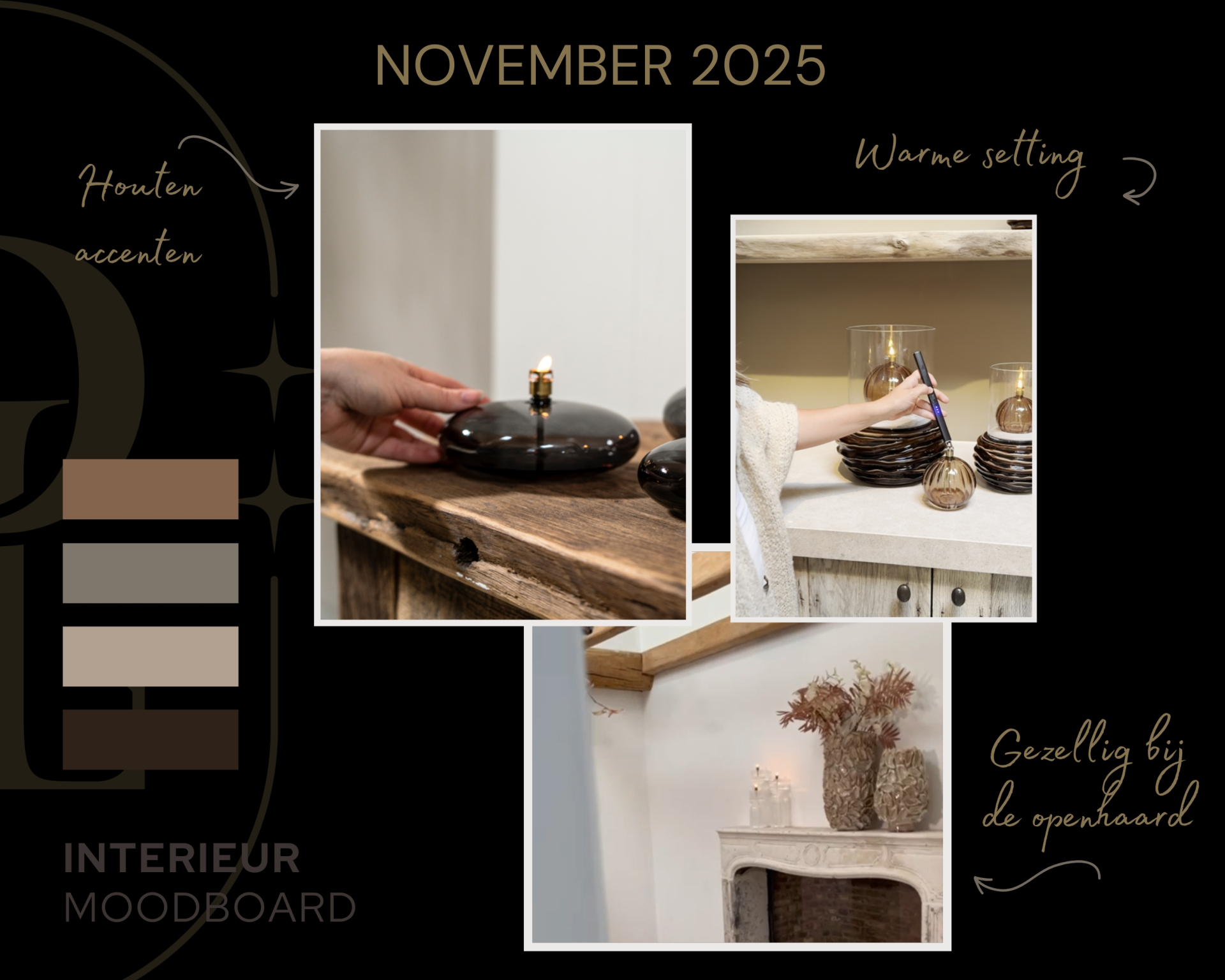Moodboard november 2025 met warme setting: olielampen op houten meubels, vazen met zijdebloemen en sfeervolle interieuraccenten bij de openhaard.