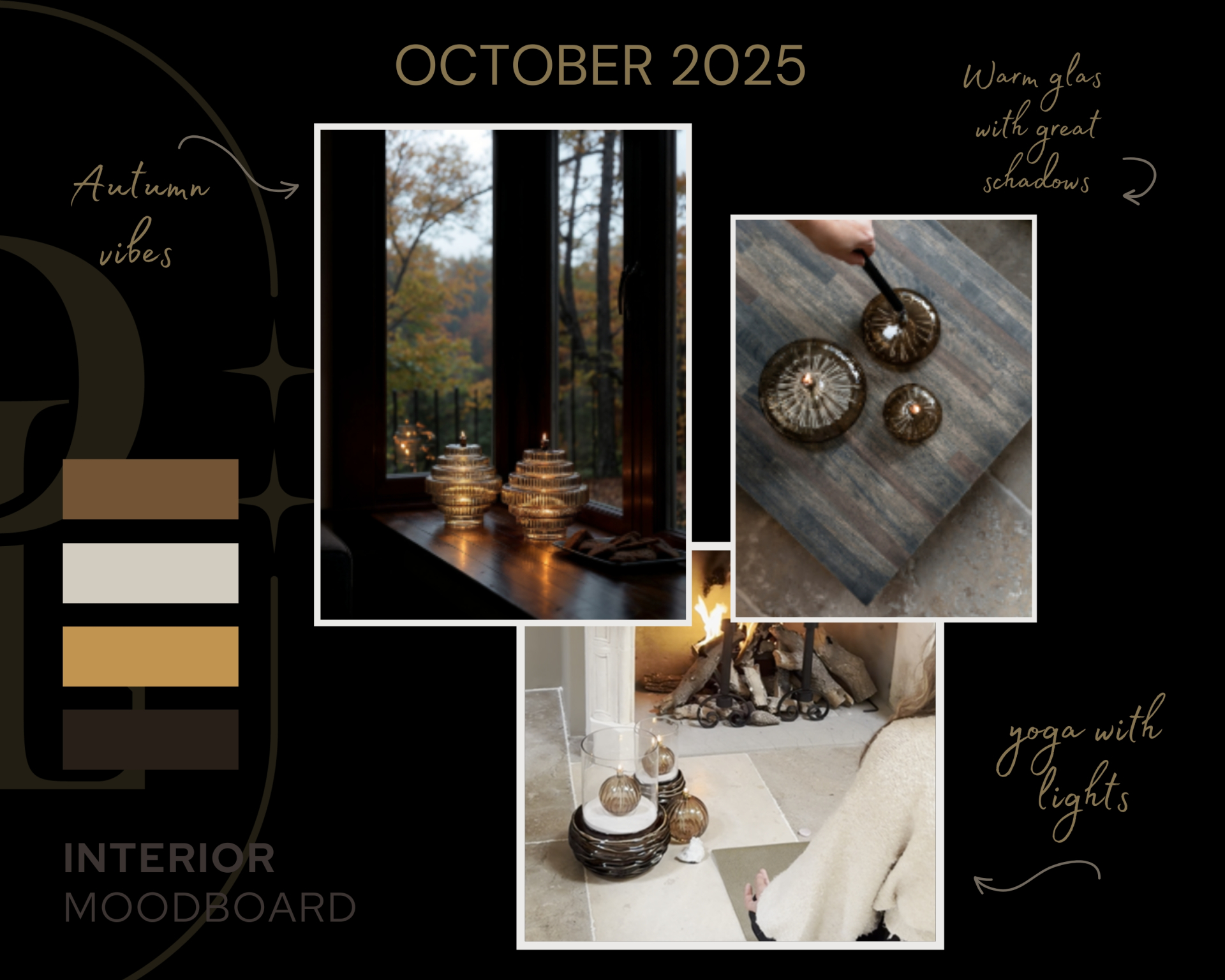 October 2025 moodboard with oil lamps in warm glass, atmospheric shadows and autumn home decoration.